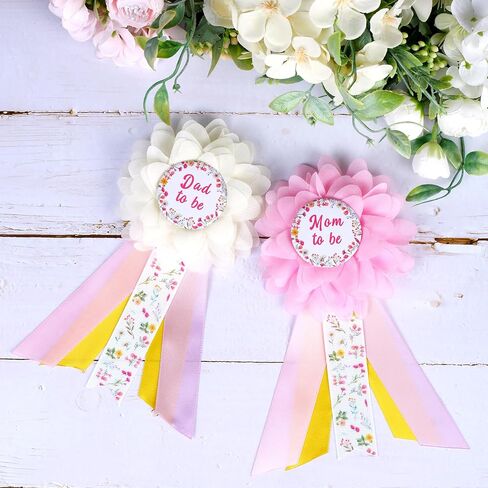 مجموعة وشاح الأمومة لحفلة استقبال المولود الجديد من Wildflower - حزام بطن لحفلة استقبال المولود الجديد على شكل زهرة برية ربيعية ودبابيس للأم لتكون وأب ليكونا دبابيس للصدر، لوازم حفلات الحمل للآباء الجدد in Kuwait