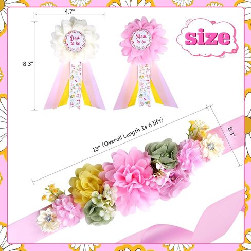 مجموعة وشاح الأمومة لحفلة استقبال المولود الجديد من Wildflower - حزام بطن لحفلة استقبال المولود الجديد على شكل زهرة برية ربيعية ودبابيس للأم لتكون وأب ليكونا دبابيس للصدر، لوازم حفلات الحمل للآباء الجدد in Kuwait