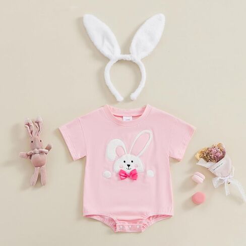 FYBITBO Baby Girl Summer Clothes Easter Bunny Short Sleeve T-Shirt Romper Bodysuit Rabbit Headband Newborn Easter Outfit in Saudi Arabia