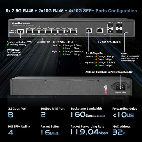 MokerLink 12 Port 10G Managed Switch, 8x10G Ethernet Ports, 10G/5G/2.5G/1G Auto-Adaptive, 4x10G SFP+ Port, L3 Web/CLI Managed, Metal Desktop|Rackmount Network Switch in Kuwait