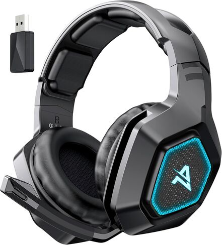 Aimzone Wireless Gaming Headset with Noise Canceling Microphone, Noise Isolation Over Ear Soft Memory Foam Earmuffs, Wireless Bluetooth, 2.4 GHz, 3.5 aux. 7.1 Surround Sound, Blue LED Light (Black) in Saudi Arabia