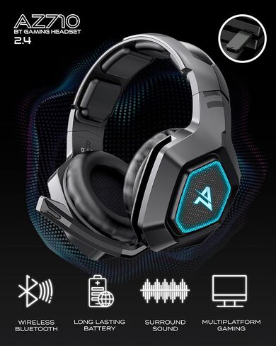Aimzone Wireless Gaming Headset with Noise Canceling Microphone, Noise Isolation Over Ear Soft Memory Foam Earmuffs, Wireless Bluetooth, 2.4 GHz, 3.5 aux. 7.1 Surround Sound, Blue LED Light (Black) in Saudi Arabia