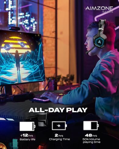 Aimzone Wireless Gaming Headset with Noise Canceling Microphone, Noise Isolation Over Ear Soft Memory Foam Earmuffs, Wireless Bluetooth, 2.4 GHz, 3.5 aux. 7.1 Surround Sound, Blue LED Light (Black) in Saudi Arabia