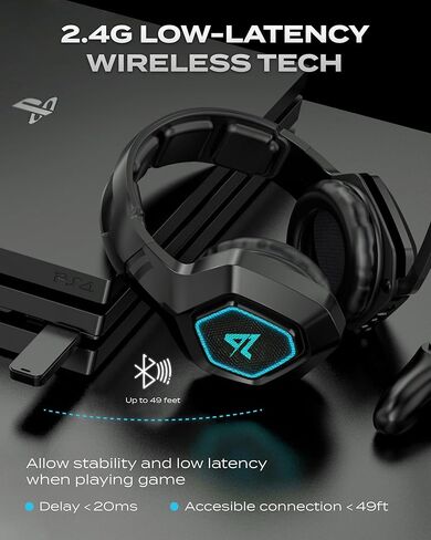 Aimzone Wireless Gaming Headset with Noise Canceling Microphone, Noise Isolation Over Ear Soft Memory Foam Earmuffs, Wireless Bluetooth, 2.4 GHz, 3.5 aux. 7.1 Surround Sound, Blue LED Light (Black) in Saudi Arabia