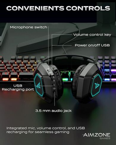 Aimzone Wireless Gaming Headset with Noise Canceling Microphone, Noise Isolation Over Ear Soft Memory Foam Earmuffs, Wireless Bluetooth, 2.4 GHz, 3.5 aux. 7.1 Surround Sound, Blue LED Light (Black) in Saudi Arabia