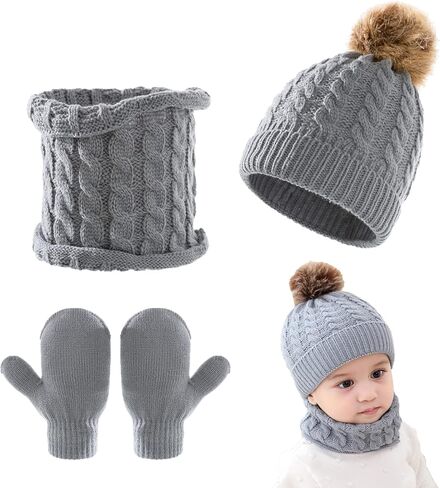 3Pcs Baby Beanie Hat Scarf Gloves Set Infant Knitted Cap Winter Warm Gloves Toddler Neck Warmer for Boys Girls 0-3 Years in Kuwait