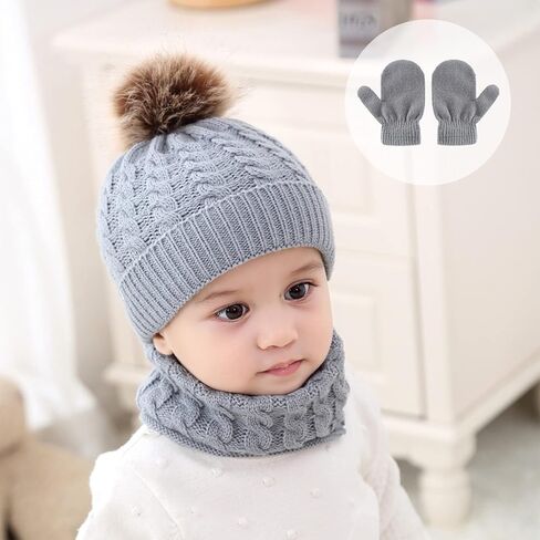 3Pcs Baby Beanie Hat Scarf Gloves Set Infant Knitted Cap Winter Warm Gloves Toddler Neck Warmer for Boys Girls 0-3 Years in Kuwait