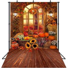 Fall Thanksgiving Harvest Photography Backdrop Pumpkin on Haystack in Front of Window Wood Floor Halloween Background Portrait Party Decoration Vinyl Photo Studio Booth Props PGT636C 8x10ft
