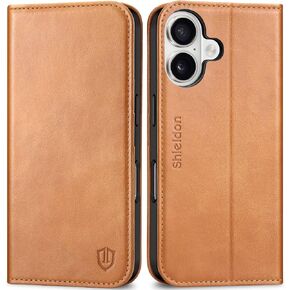 SHIELDON Case for iPhone 16 5G 2024, Genuine Leather Wallet Flip Case RFID Blocking Card Slot Kickstand Magnetic Shockproof TPU Phone Holder Case Compatible with iPhone 16 6.1" - Nappa Evergreen