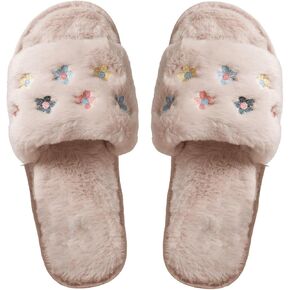 Verdusa Women's Embroidery House Slippers Open Toe Fuzzy Bedroom Cute Slippers Shoes