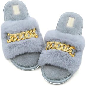 Womens Slippers Fuzzy Slippers for Women Memory Foam Cute Fluffy Gold Chain House Slippers Open Toe Indoor Outdoor Home Slippers Bridesmaid Bride Gifts for Halloween, Christmas, Wedding Day