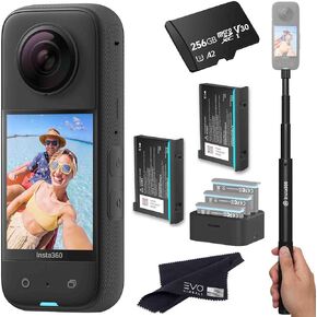 Insta360 X3 - Waterproof 360 Action Camera Bundle Includes Extra 2 Batteries, Charger, Invisible Selfie Stick & 256GB Memory Card
