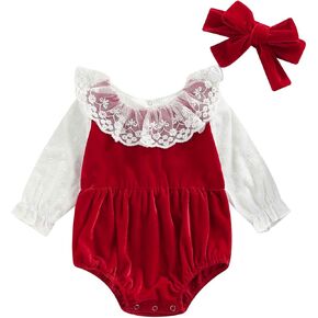 Newborn Infant Baby Girls Rompers Princess Lace Flower Velvet Jumpsuits Headband Christmas Clothes