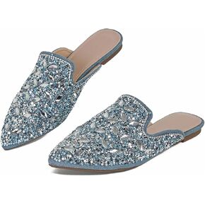 Women's Rhinestone Pointed Toe Flat Mules Soft Memory Foam Insole Backless Slip On Glitter Slides Loafer Dress Clogs Flats