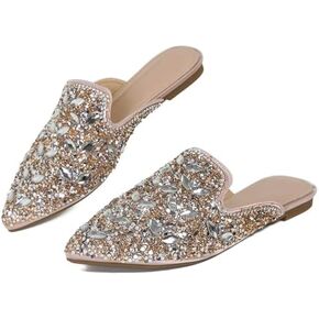 Women's Rhinestone Pointed Toe Flat Mules Soft Memory Foam Insole Backless Slip On Glitter Slides Loafer Dress Clogs Flats in Kuwait