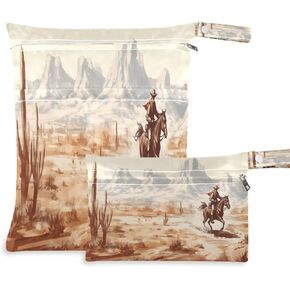 Vintage Western Cowboy Wet Dry Bag for Baby Cloth Diaper Waterproof Reusable Travel Wet Bag with Two Zippered Pockets for Swimsuits, 2 Pcs
