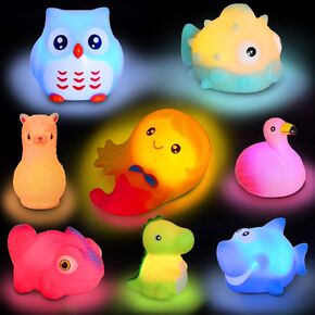 Animal Toy Bath Floating Toy with Auto Flashing Early Learning Toy Package with 8 Pcs Dinosaur Shark Flamingo Mermaid Etc Bathtub Shower Toy Gift for Kids&Pets