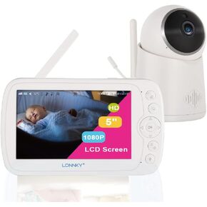 جهاز مراقبة الأطفال LONNKY مع كاميرا وصوت، شاشة ملونة 5 بوصات مع كاميرا 1080P Pan 355 درجة/إمالة 65 درجة، صوت ثنائي الاتجاه، رؤية ليلية 16 قدمًا، إنذار درجة الحرارة والصوت، نطاق يصل إلى 1000 قدم، دعم التشغيل in Kuwait