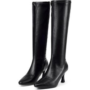 GENSHUO Knee High Boots Women Pointed Toe 3 Inches High Stiletto Heel Tall Boots Classic Fashionable Wide Calf Long Boots with Side Zipper Winter