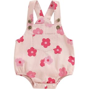 Toddler Baby Girl Floral Print Overalls Romper with Pocket Suspender One Piece Jumpsuit Cute Summer Clothing