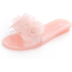 Women's Fashionable Flat Bottomed Transparent Outer Wearing Jelly Sandals Summer Fashion Flower Crystal Beach Slippers