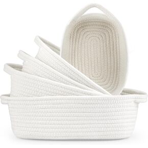 5 Pack Cotton Rope Woven Basket Set, Woven Storage Basket with Handle for Bathroom, Baby Nursery, Kitchen, Bedroom (Off-white)