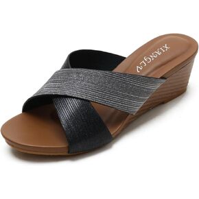 Women's Leather Platform Wedge Sandals Shiny Fashion Roman Bohemian Open Toe Slip-On Beach Casual High Heels Dressy Slippers