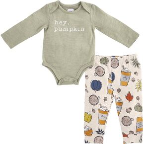 Mud Pie Baby Boy Pumpkin Spice Latte Legging and Crawler Set, Green, 6-9 Months