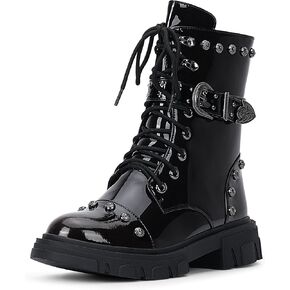 Women's Goth Rivet Combat Ankle Boots Platform Lace Up Low Heel Buckle Booties