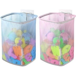 Linkidea 2 Packs Bath Toy Storage Organizer, Hanging Mesh Bathtub Toy Holder Basket with Adhesive Hooks, Shower Caddy for Kids Toddlers Bathroom Car Toy (Blue & Pink)