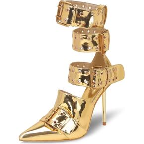 Frankie Hsu Luxury Women's Ankle Leg Gold Patent Buckle Rivets Strappy Stilettos Pointed Toe High Heeled Gladiator Sandals