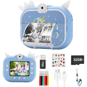 Kids Camera Instant Print, Christmas Birthday Gifts for 3-12 Year Old Boys Girls, 1080P Videos Kids Selfie Digital Camera Toys for Kids Age 3 4 5 6 7 8 9 10 with 3 Rolls Print Paper 32G Card