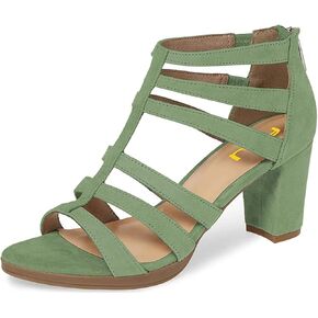 FSJ Women Chunky Mid High Heel Sandals Open Toe T-Strap Pumps Cutout Dress Party Prom Office Strappy Shoes Elastic Back Zipper Size 4-15 US