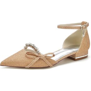Women's Pointed Toe Glitter Satin Wedding Flats for Bride Comfortable Wedding Shoes Low Heels Rhinestones Bridal Flats Evening Prom Party Dress Shoes Pumps