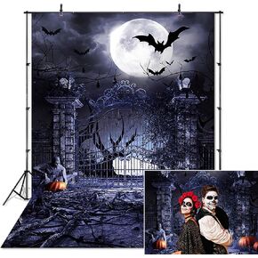Avezano Halloween Cemetery Gate Photography Backdrop Bat Pumpkin Background for Halloween Party Horrible Full Moon Party Decorations Portrait Photoshoot Backdrops (5x7ft)