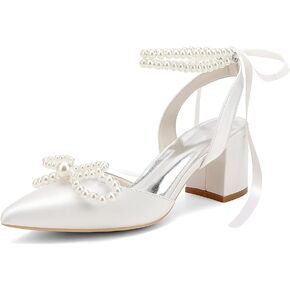 Closed Toe Pearl Block Heels Satin Wedding Shoes for Bride Low Heels with Bow Ankle Strap Bridal Shoes Chunky Slingback Heels Pumps for Women