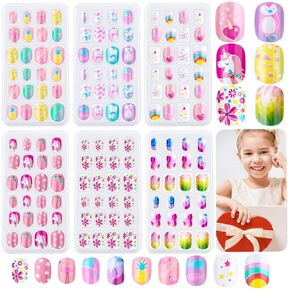 144 Pieces Kids Press on Nails Grils, Thrilez Children Fake Nails Artificial False Nail Tips Pre Glue Full Cover Short Acrylic Nails for Girls Kids Nail Art Decoration (Rainbow Sky)