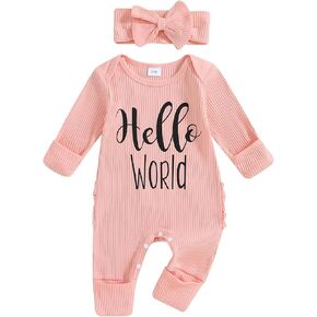 Newborn Baby Girl Fall Winter Outfits Clothes Ribbed Knit Jumpsuit Romper Hello Im New Here Coming Home Outfit