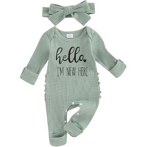Newborn Baby Girl Fall Winter Outfits Clothes Ribbed Knit Jumpsuit Romper Hello Im New Here Coming Home Outfit in Kuwait