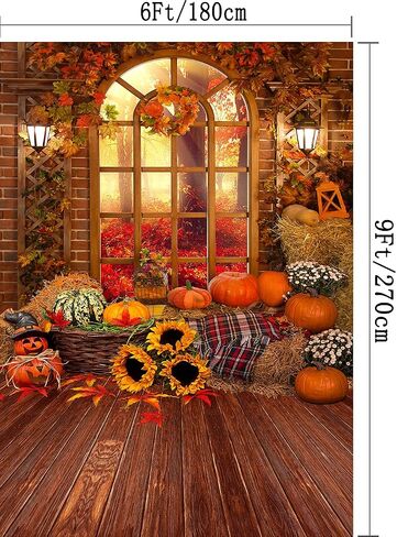 Fall Thanksgiving Harvest Photography Backdrop Pumpkin on Haystack in Front of Window Wood Floor Halloween Background Portrait Party Decoration Vinyl Photo Studio Booth Props PGT636C 8x10ft in Saudi Arabia