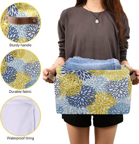 سلة تخزين زهور الأقحوان باللون الأزرق الداكن وزهرة زرقاء صفراء كبيرة من القماش صندوق تخزين مكعب مع مقابض رف خزانة قابل للطي سلة تنظيم القماش لغرفة نوم الأطفال والحمام in Kuwait