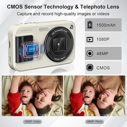 كاميرا رقمية، كاميرا أطفال بدقة 48 ميجابكسل ذات تركيز تلقائي، كاميرات رقمية FHD 1080P Point and Shoot مع بطاقة 32 جيجابايت، تكبير 16X مضاد للاهتزاز، كاميرا مدمجة مع بطاريات 1500 مللي أمبير للأولاد والبنات والمراهقين in Kuwait