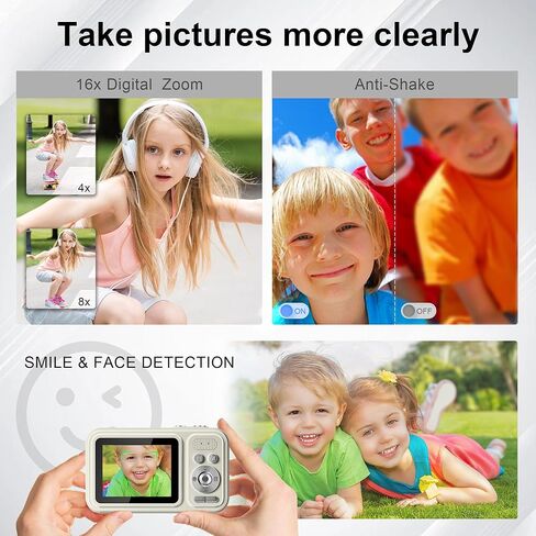 كاميرا رقمية، كاميرا أطفال بدقة 48 ميجابكسل ذات تركيز تلقائي، كاميرات رقمية FHD 1080P Point and Shoot مع بطاقة 32 جيجابايت، تكبير 16X مضاد للاهتزاز، كاميرا مدمجة مع بطاريات 1500 مللي أمبير للأولاد والبنات والمراهقين in Kuwait