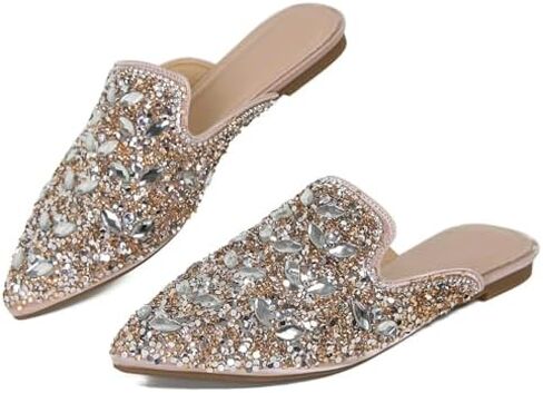 Women's Rhinestone Pointed Toe Flat Mules Soft Memory Foam Insole Backless Slip On Glitter Slides Loafer Dress Clogs Flats in Kuwait