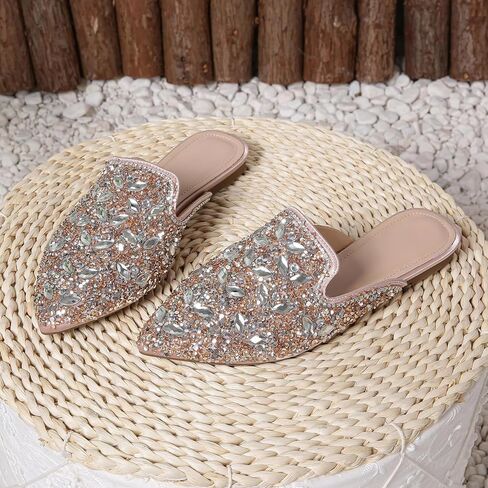 Women's Rhinestone Pointed Toe Flat Mules Soft Memory Foam Insole Backless Slip On Glitter Slides Loafer Dress Clogs Flats in Kuwait