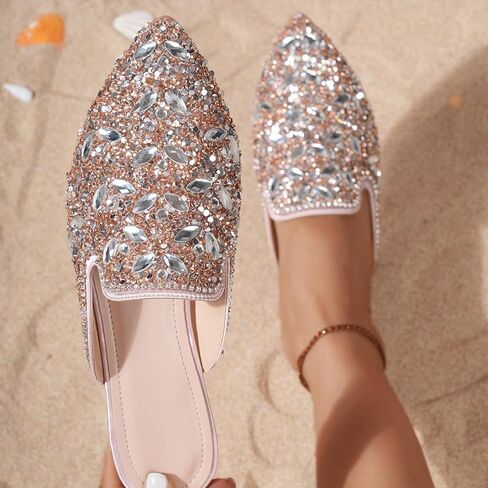Women's Rhinestone Pointed Toe Flat Mules Soft Memory Foam Insole Backless Slip On Glitter Slides Loafer Dress Clogs Flats in Kuwait