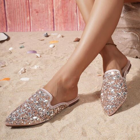 Women's Rhinestone Pointed Toe Flat Mules Soft Memory Foam Insole Backless Slip On Glitter Slides Loafer Dress Clogs Flats in Kuwait