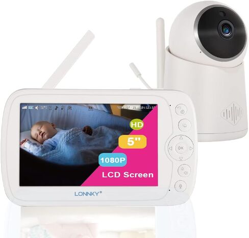 جهاز مراقبة الأطفال LONNKY مع كاميرا وصوت، شاشة ملونة 5 بوصات مع كاميرا 1080P Pan 355 درجة/إمالة 65 درجة، صوت ثنائي الاتجاه، رؤية ليلية 16 قدمًا، إنذار درجة الحرارة والصوت، نطاق يصل إلى 1000 قدم، دعم التشغيل in Kuwait