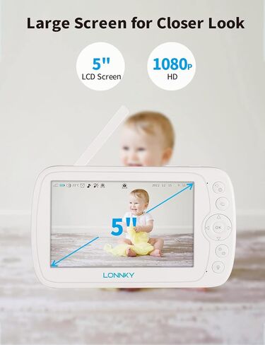 جهاز مراقبة الأطفال LONNKY مع كاميرا وصوت، شاشة ملونة 5 بوصات مع كاميرا 1080P Pan 355 درجة/إمالة 65 درجة، صوت ثنائي الاتجاه، رؤية ليلية 16 قدمًا، إنذار درجة الحرارة والصوت، نطاق يصل إلى 1000 قدم، دعم التشغيل in Kuwait