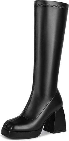 GORZADEUL Women's 70s Gogo Boots Knee High Square Toe Platform Boots Chunky Block Heel Mid Calf Boots in Saudi Arabia